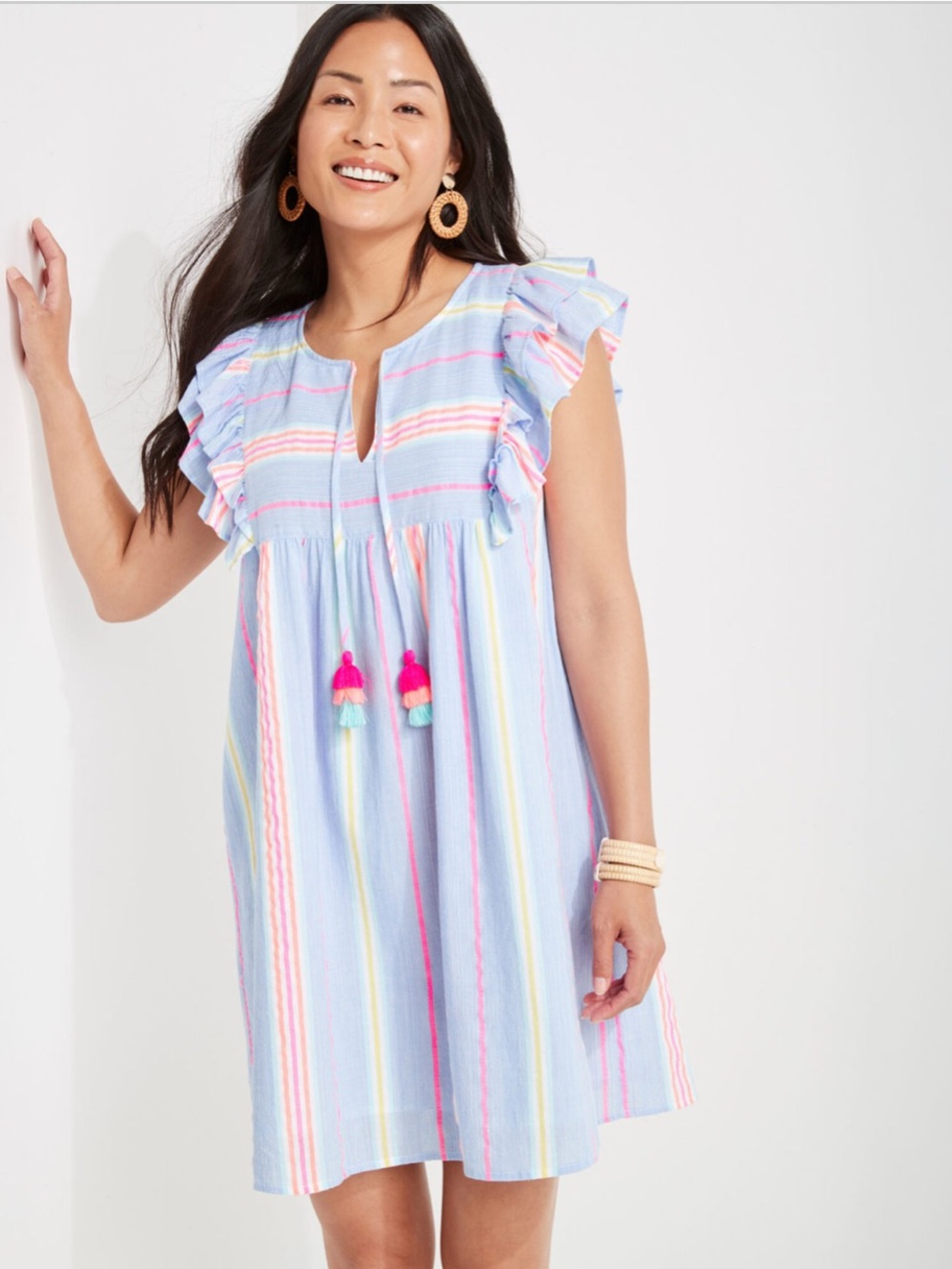Vineyard Vines St. Barths Flutter Sleeve Tunic Cotton Dress & Tassels Ties
